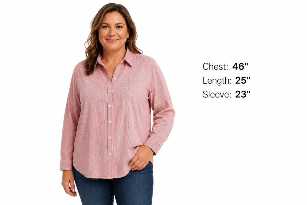 Chico’s Red Silver Striped Button Up Long Sleeve Cotton Stretch Top Shirt 2 / L